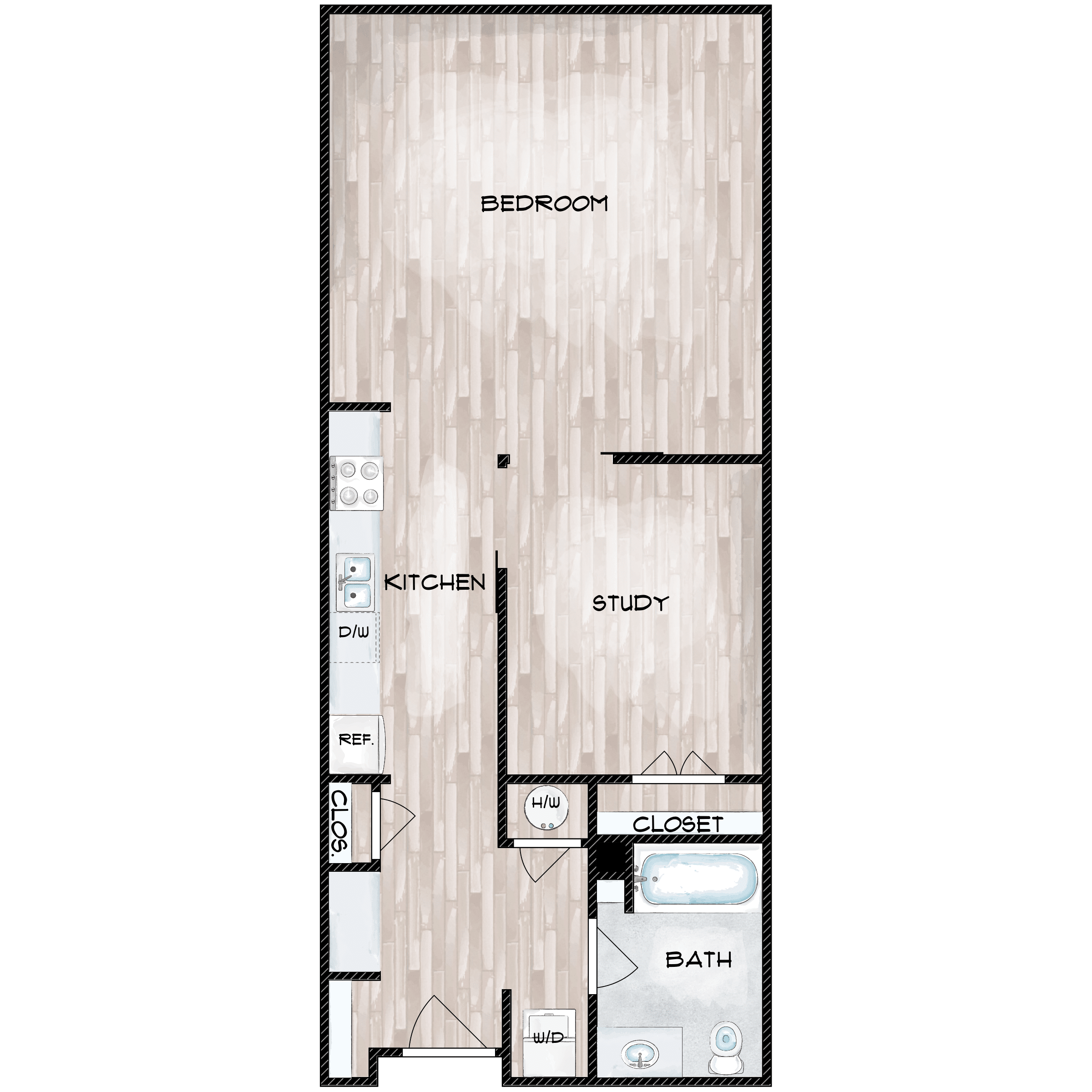 Floor plan for 1 bed, 1 bath, 724 sqft